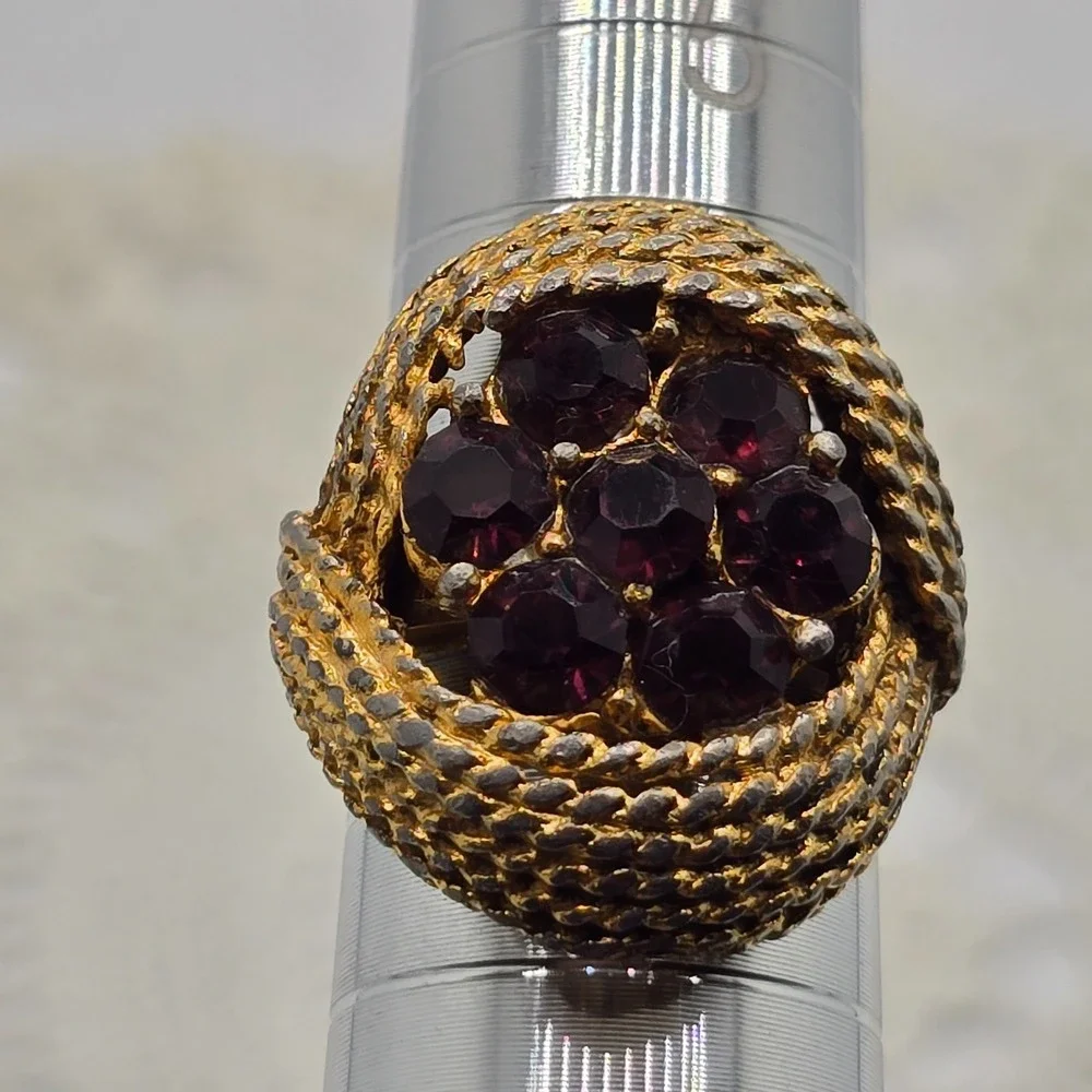 Vintage Purple Rope Cocktail Ring Rhinestone Adjustable Gold Tone Costume 6.5